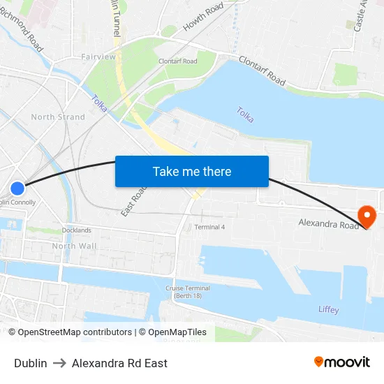 Dublin to Alexandra Rd East map
