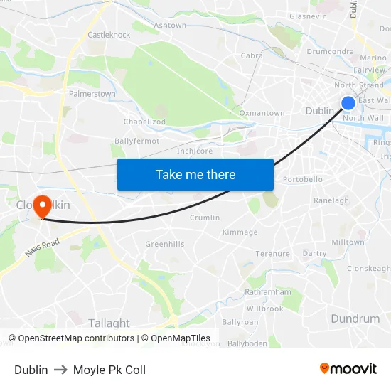 Dublin to Moyle Pk Coll map