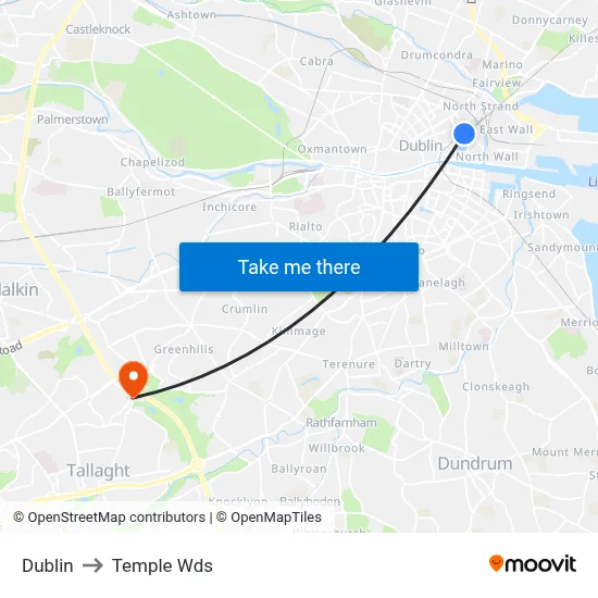 Dublin to Temple Wds map