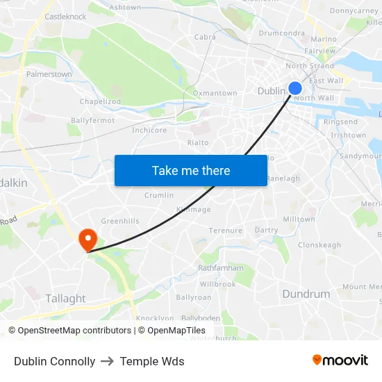 Dublin Connolly to Temple Wds map