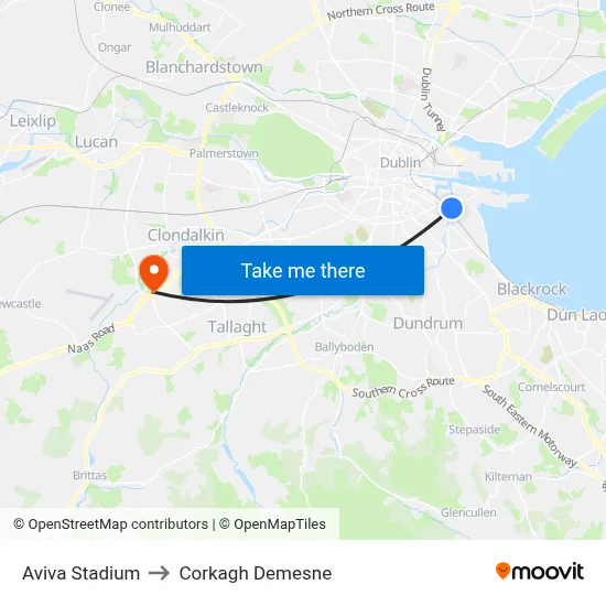 Aviva Stadium to Corkagh Demesne map