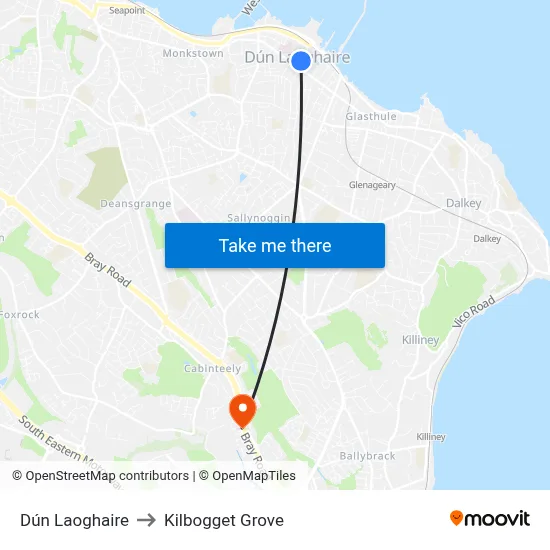 Dún Laoghaire to Kilbogget Grove map