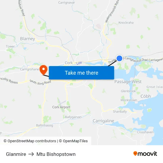 Glanmire to Mtu Bishopstown map