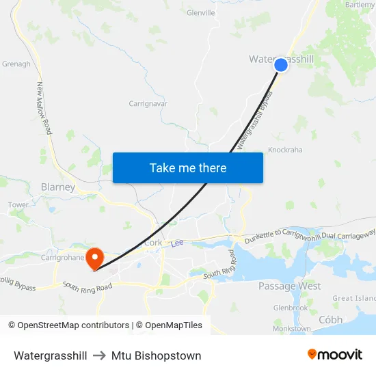 Watergrasshill to Mtu Bishopstown map