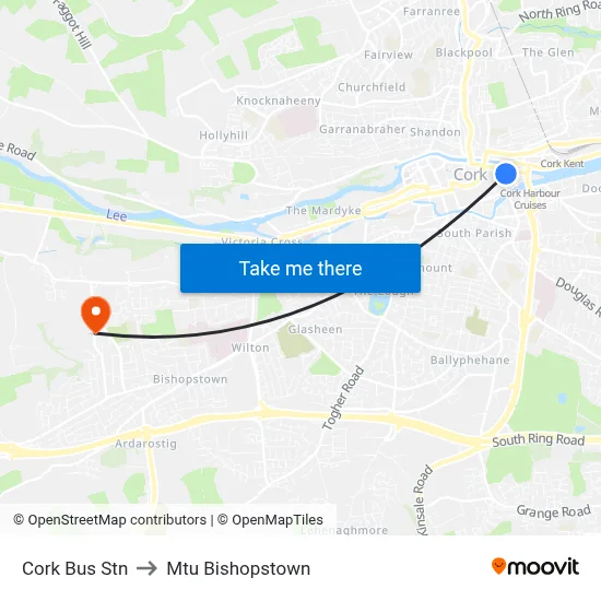 Cork Bus Stn to Mtu Bishopstown map