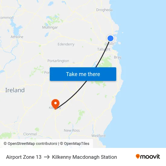 Airport Zone 13 to Kilkenny Macdonagh Station map