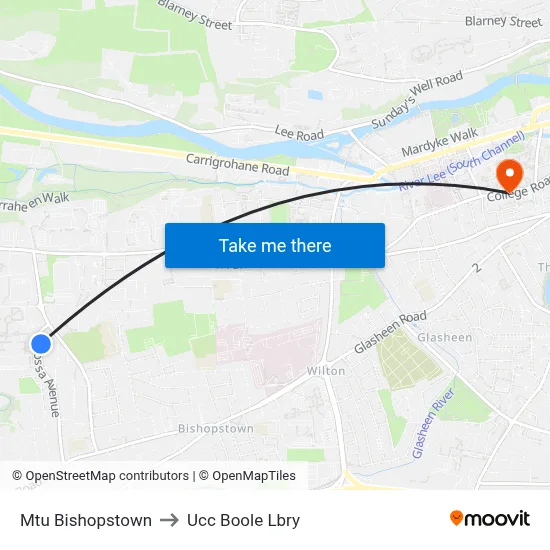 Mtu Bishopstown to Ucc Boole Lbry map