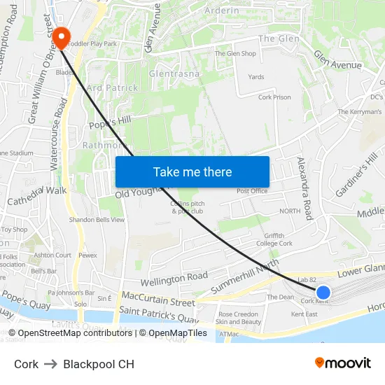 Cork to Blackpool CH map