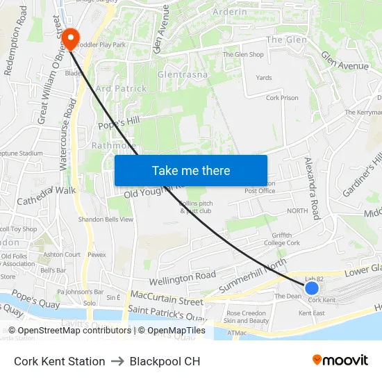 Cork Kent Station to Blackpool CH map