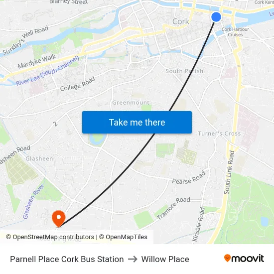 Parnell Place Cork Bus Station to Willow Place map