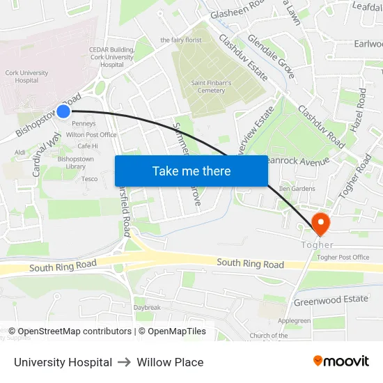 University Hospital to Willow Place map