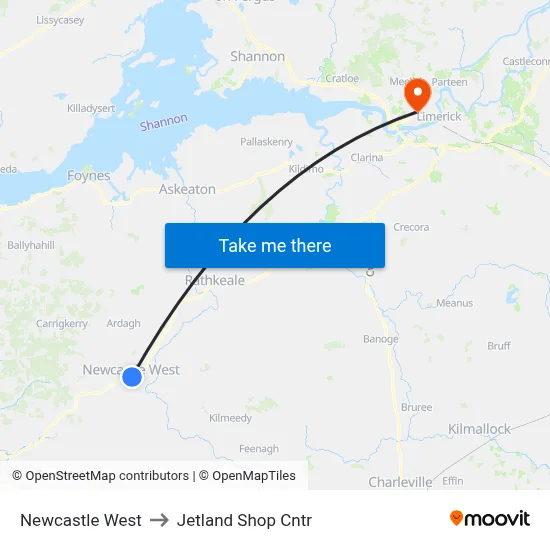 Newcastle West to Jetland Shop Cntr map