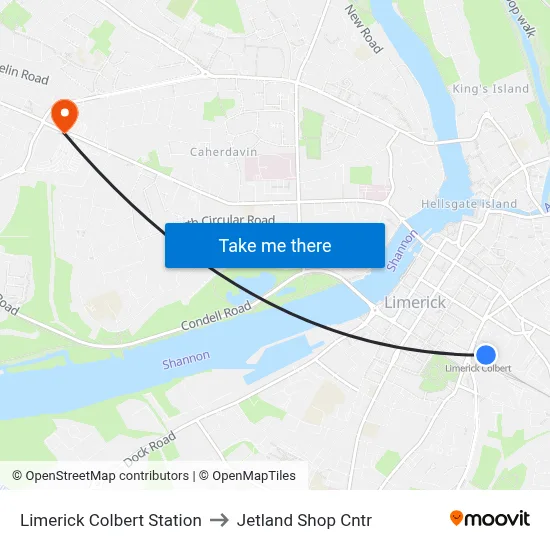 Limerick Colbert Station to Jetland Shop Cntr map