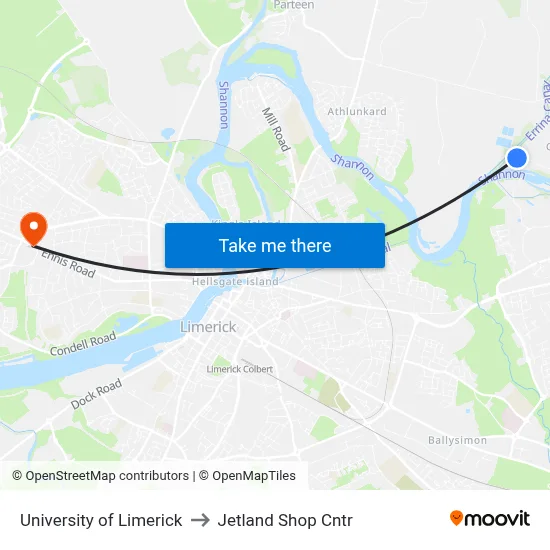 University of Limerick to Jetland Shop Cntr map