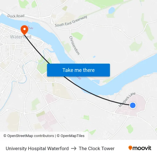 University Hospital Waterford to The Clock Tower map