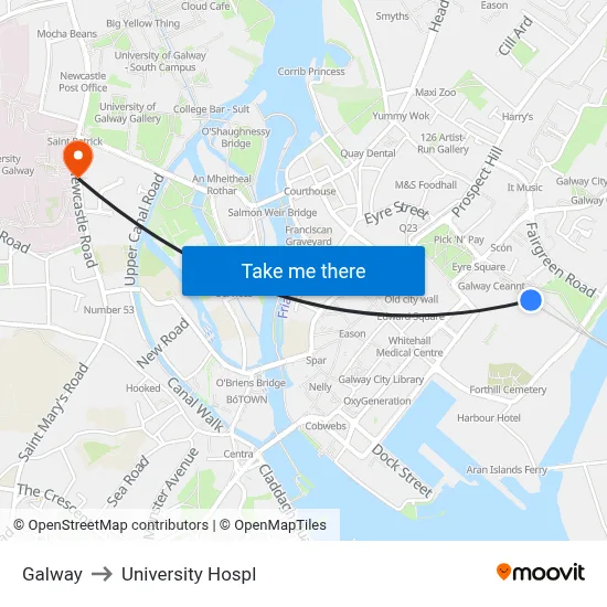 Galway to University Hospl map