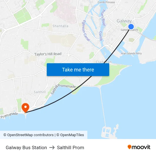 Galway Bus Station to Salthill Prom map