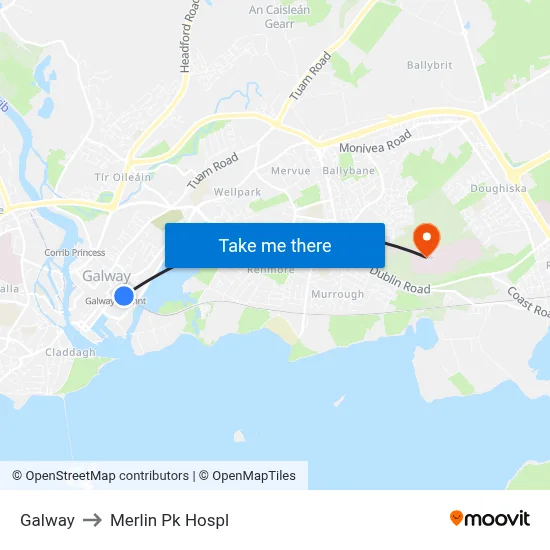Galway to Merlin Pk Hospl map