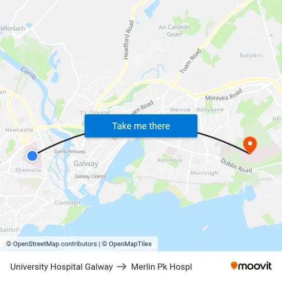 University Hospital Galway to Merlin Pk Hospl map