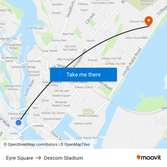 Eyre Square to Dexcom Stadium map
