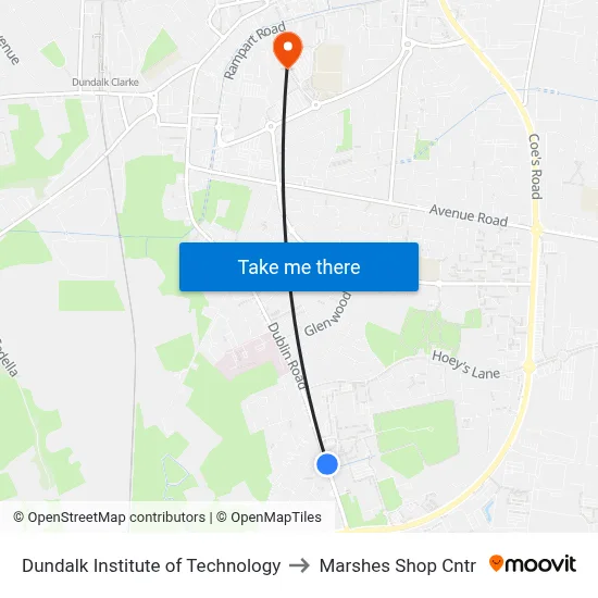 Dundalk Institute of Technology to Marshes Shop Cntr map
