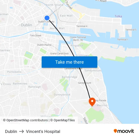 Dublin to Vincent's Hospital map