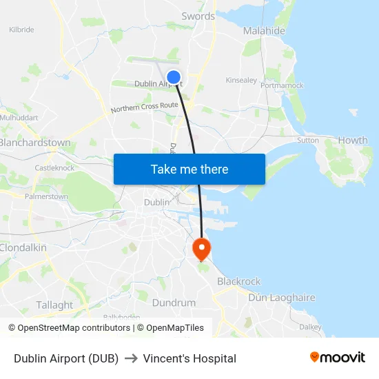 Dublin Airport (DUB) to Vincent's Hospital map