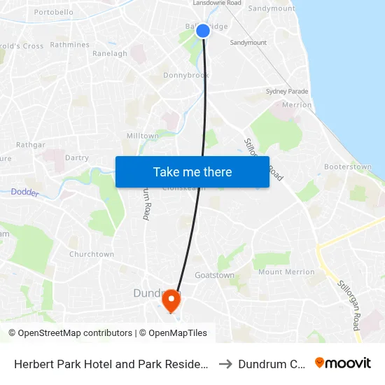Herbert Park Hotel and Park Residence Dublin to Dundrum Centre map