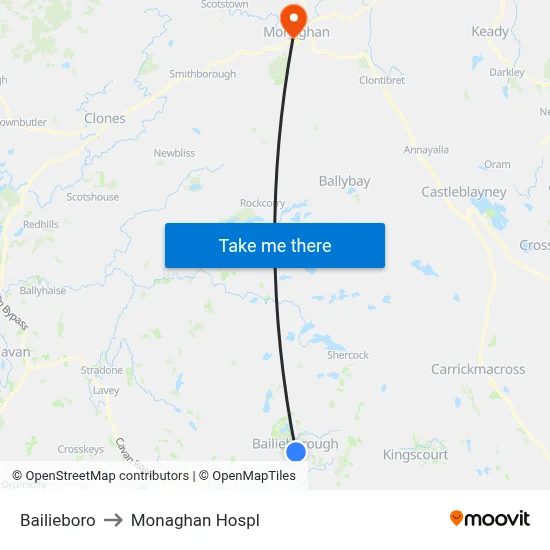 Bailieboro to Monaghan Hospl map