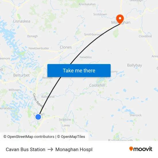 Cavan Bus Station to Monaghan Hospl map