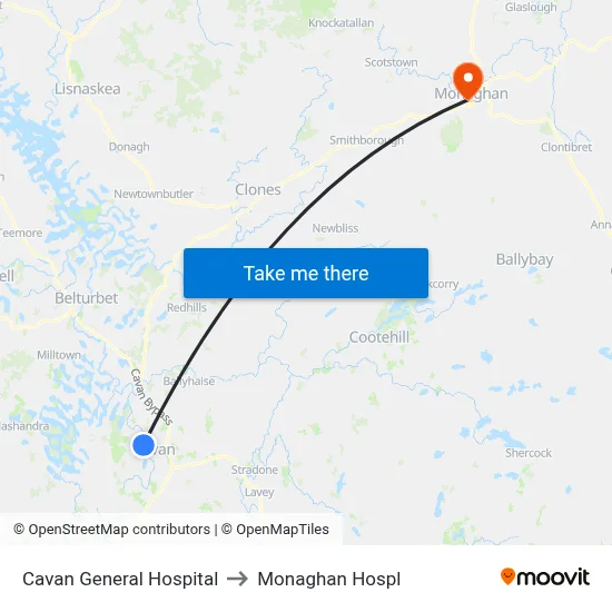 Cavan General Hospital to Monaghan Hospl map