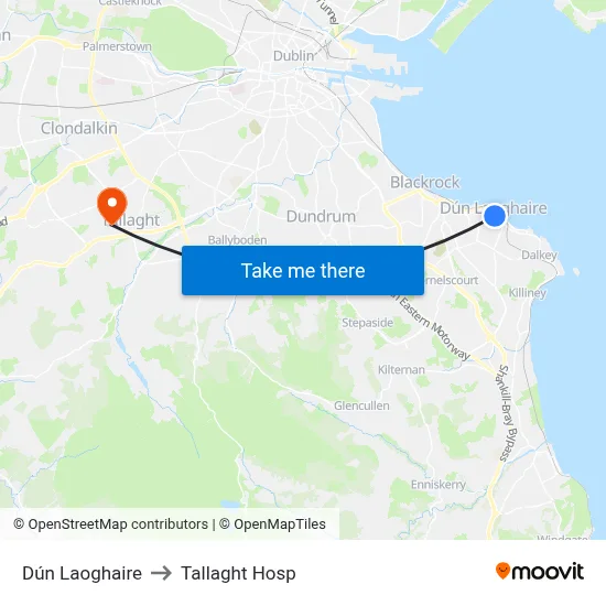 Dún Laoghaire to Tallaght Hosp map