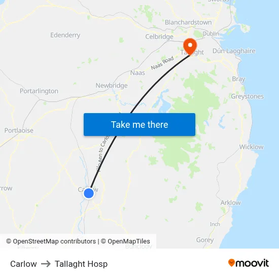 Carlow to Tallaght Hosp map