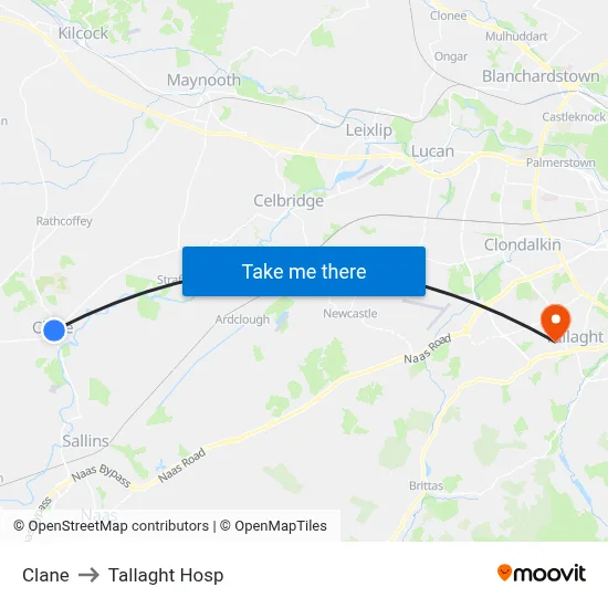 Clane to Tallaght Hosp map