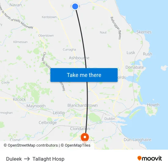 Duleek to Tallaght Hosp map