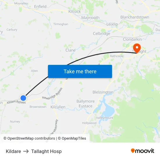 Kildare to Tallaght Hosp map