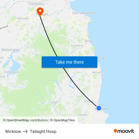 Wicklow to Tallaght Hosp map