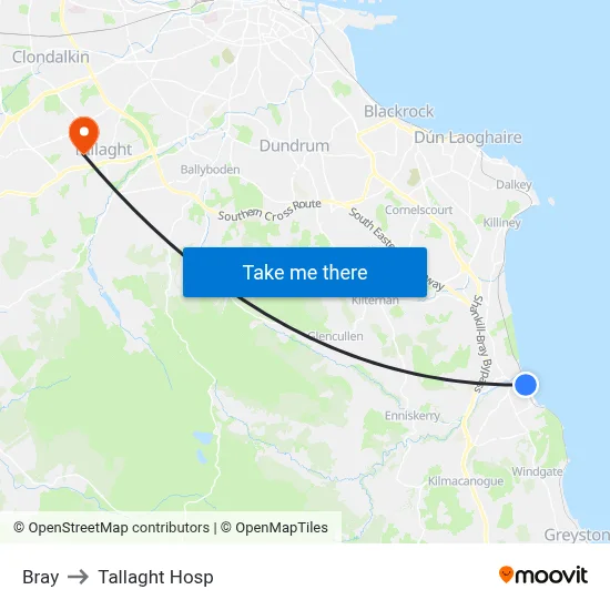 Bray to Tallaght Hosp map