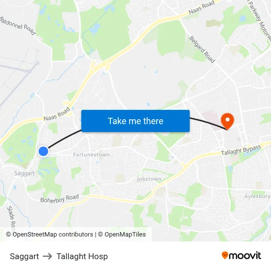 Saggart to Tallaght Hosp map