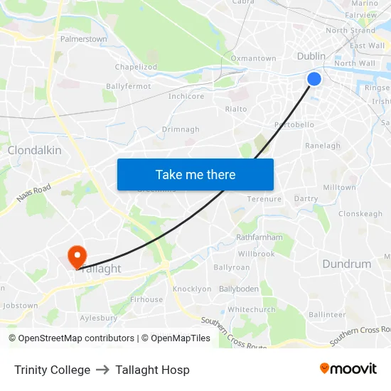 Trinity College to Tallaght Hosp map