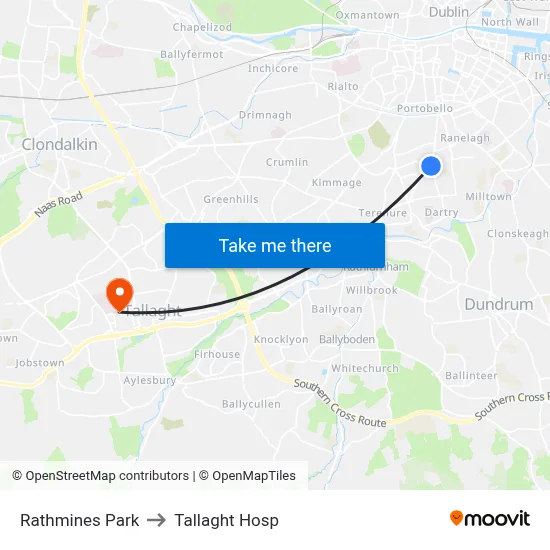 Rathmines Park to Tallaght Hosp map