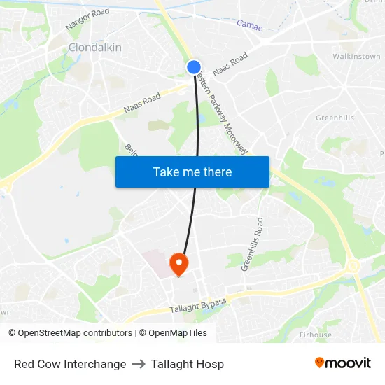 Red Cow Interchange to Tallaght Hosp map