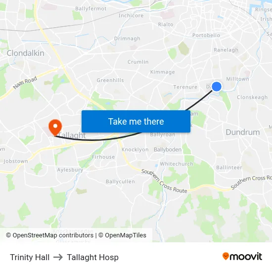 Trinity Hall to Tallaght Hosp map