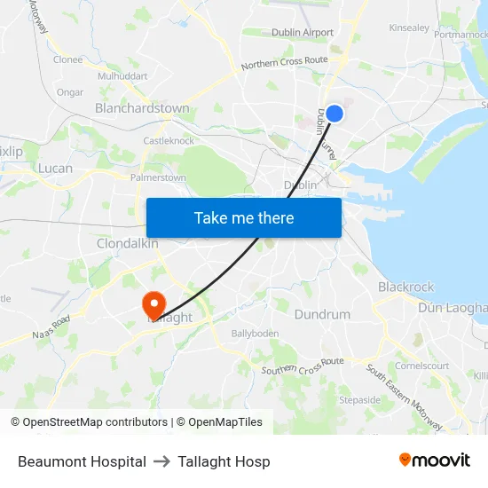 Beaumont Hospital to Tallaght Hosp map