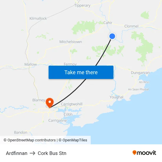 Ardfinnan to Cork Bus Stn map