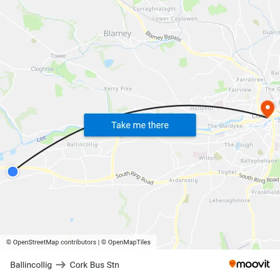 Ballincollig to Cork Bus Stn map