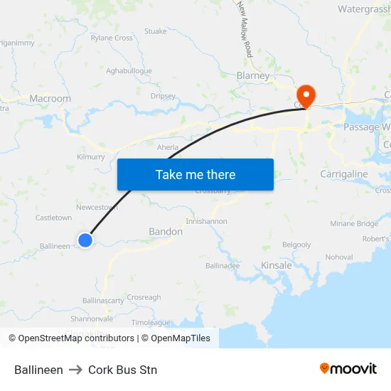 Ballineen to Cork Bus Stn map