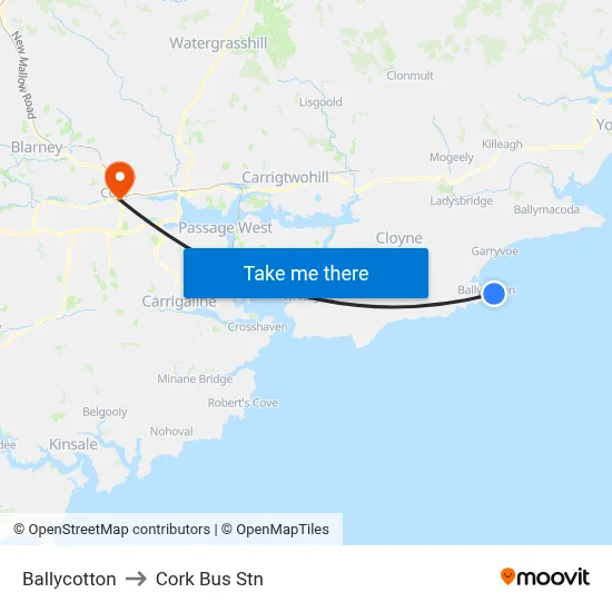 Ballycotton to Cork Bus Stn map