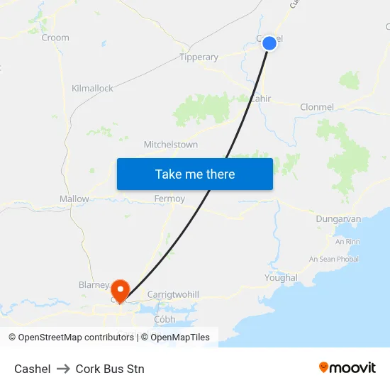 Cashel to Cork Bus Stn map