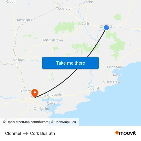 Clonmel to Cork Bus Stn map